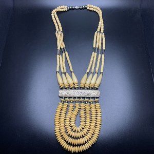 Chunky Beaded Necklace Boho Bone Silver Tone Bold Statement